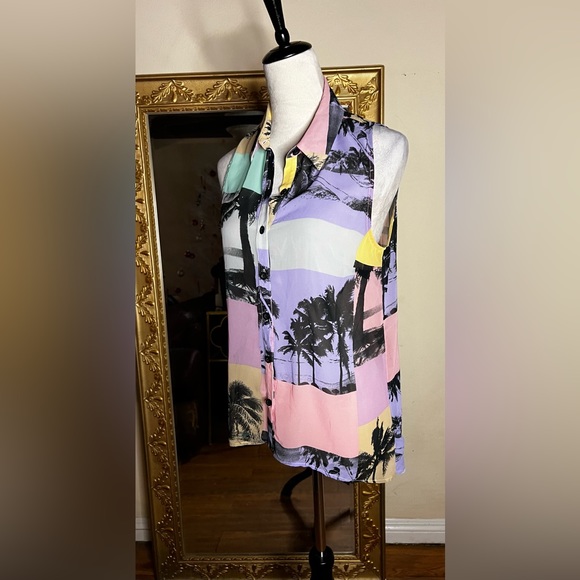 Forever 21 Maui Palm Tree Color Block Button down sleeveless shirt tank top - Picture 2 of 10